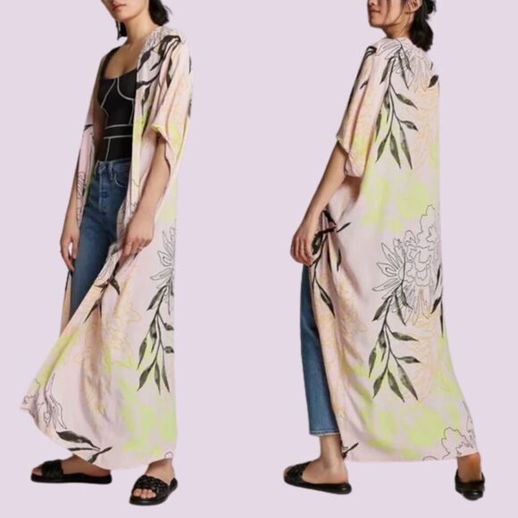 Anthropologie Bel Kazan Kimono Duster Womens OS Pink Tropical Floral Long Boho - Picture 1 of 7